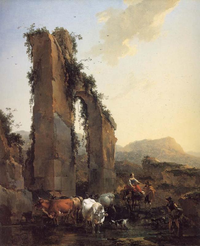 BERCHEM, Nicolaes Peasants with Four Oxen and a Goat at a Ford by a Ruined Aqueduct China oil painting art